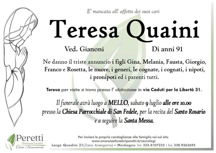 Teresa Quaini necrologio
